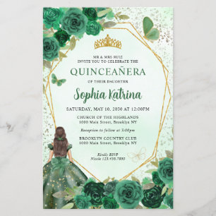 Budget Vert foncé Floral Or Princesse Quinceañera