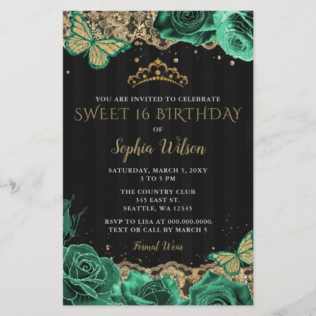 Budget Vert Rose Black Gold Sweet 16 Invitation (Devant)