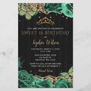 Budget Vert Rose Black Gold Sweet 16 Invitation