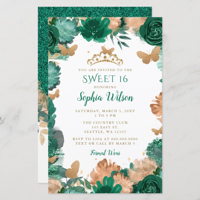Budget Vert Rose Gold Butterflies Sweet 16 (Devant / Derrière)