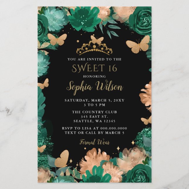 Budget Vert Rose Gold Butterflies Sweet 16 (Devant)