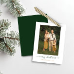 BUDGET Vert Simple Script Joyeux Noël Photo<br><div class="desc">BUDGET Green Simple Script Modern Joyeux Noël Photo Holiday Card avec vos photos préférées et un script simple mais élégant Joyeux Noël salutation. L'arrière est une forêt d'hiver verte. Parfait pour vos cartes de fin de année cette année ! **Notre papier BUDGET est plus petit, plus léger et plus délicat,...</div>