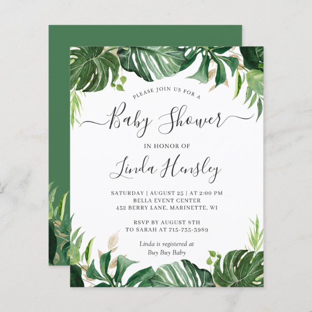 Budget vert Tropical Baby Shower Invitations (Devant / Derrière)