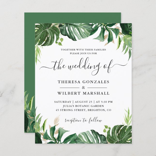 Budget vert Tropical Palm Leaf Mariage Invite (Devant / Derrière)