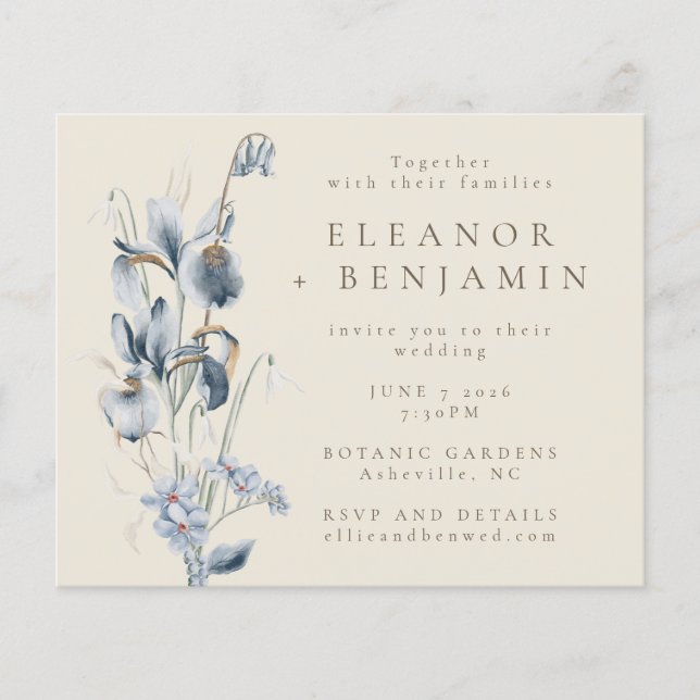 Budget Vintage Bleu Rustique Mariage Floral Invita (Devant)