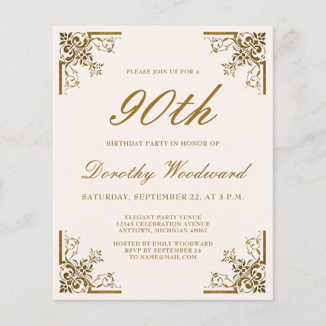 Budget Vintage Gold Script Blush Anniversaire Invi (Devant)