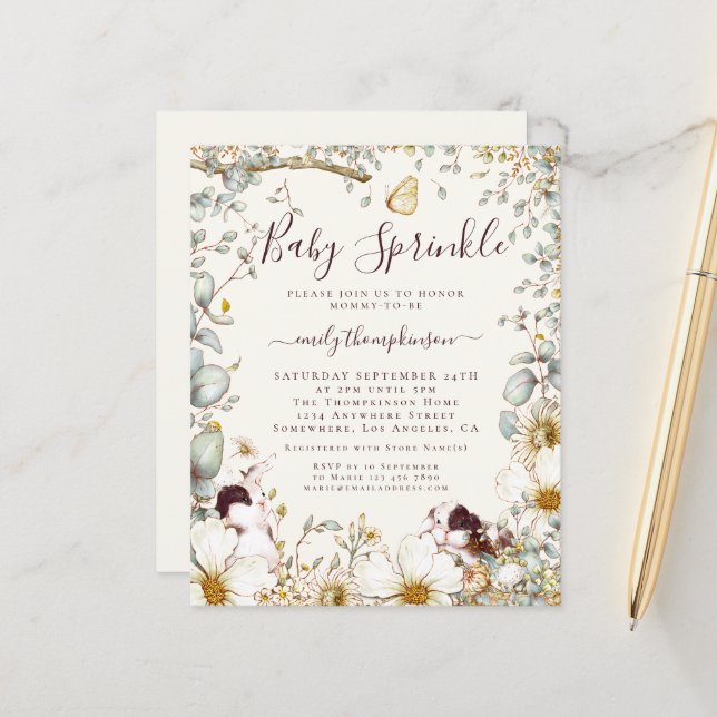 Budget Vintage lapins Baby Sprinkl Invitation de c (Devant/Arrière en situation)