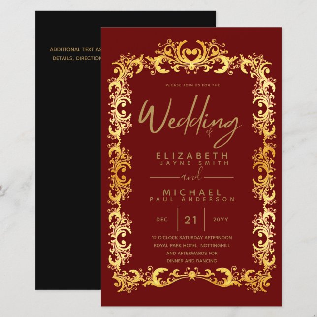 BUDGET Vintage Or encadré Basse Mariage Invitation (Devant / Derrière)