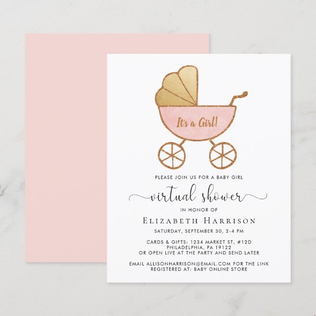 Budget Virtual Baby Girl Shower Invitation (Devant / Derrière)