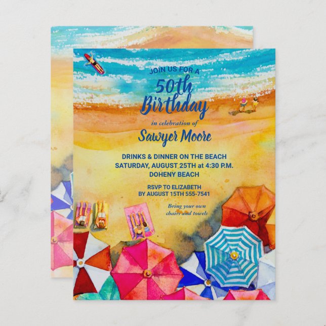 Budget Watercolor Beach Anniversaire Fête Invitati (Devant / Derrière)
