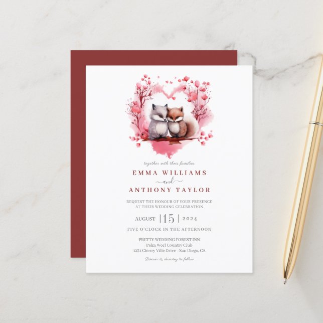 Budget Watercolor Fox Couple Mariage (Devant/Arrière en situation)