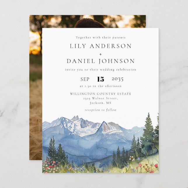 Budget Watercolor Mountain Photo Wedding Invitatio (Devant / Derrière)