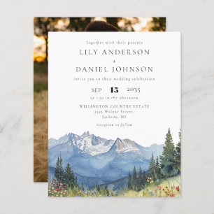 Budget Watercolor Mountain Photo Wedding Invitatio