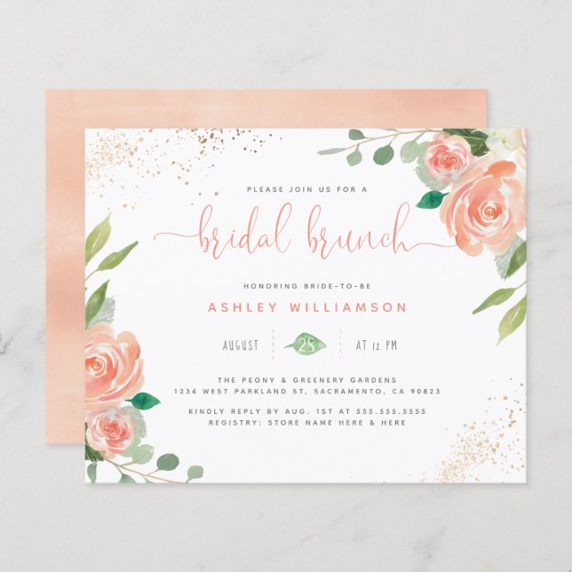 Budget Watercolor Peonies Eucalyptus Bridal Brunch (Devant / Derrière)