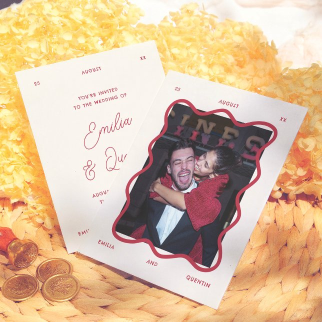 Budget Wavy Frame Retro Photo Wedding Invitation (Créateur téléchargé)