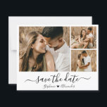 Budget Whimsical Calligraphie Photo Enregistrer La<br><div class="desc">Élégant budget Moderne Minimaliste Calligraphie Script 3 Collage de photos Enregistrer les cartes de dates en noir et blanc. Ce design romantique et délicat est parfait pour un mariage moderne. Caractéristiques 3 (trois) grille photo collage, une calligraphie whimsical dans la main lettré style swash queue police avec coeur d'amour. Facile...</div>