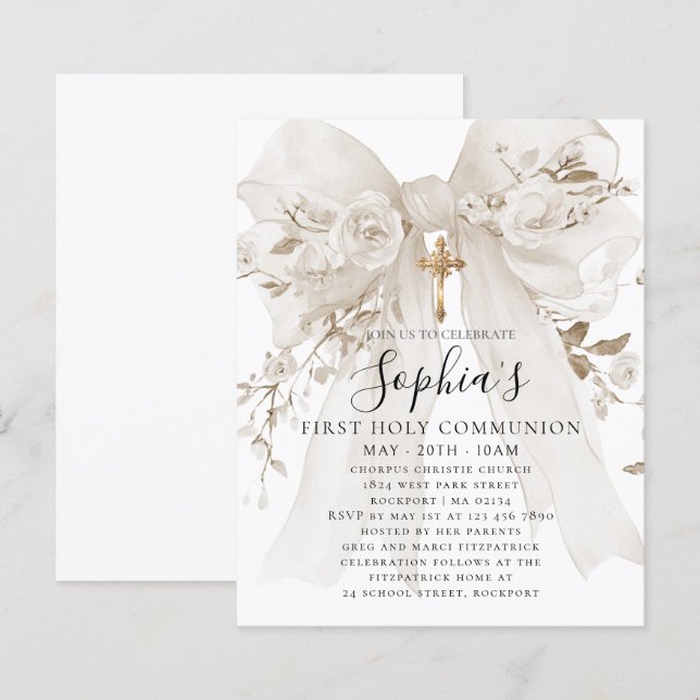 BUDGET White Bow Rose First Communion Invite (Devant / Derrière)