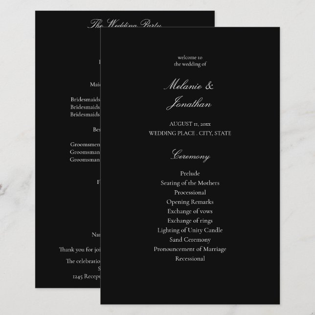 Budget White Elegant Wedding Programme - Black MED (Devant / Derrière)