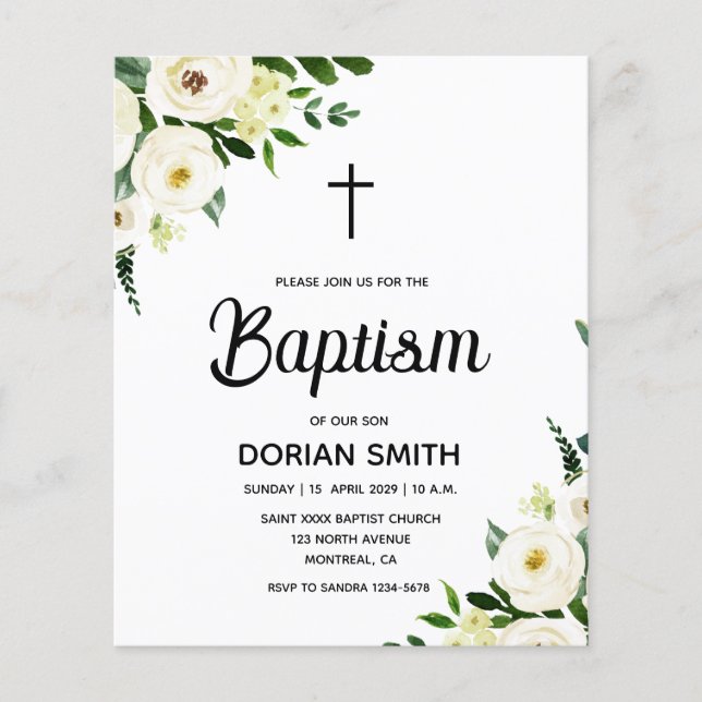 Budget White Floral Boy Baptism invitation (Devant)