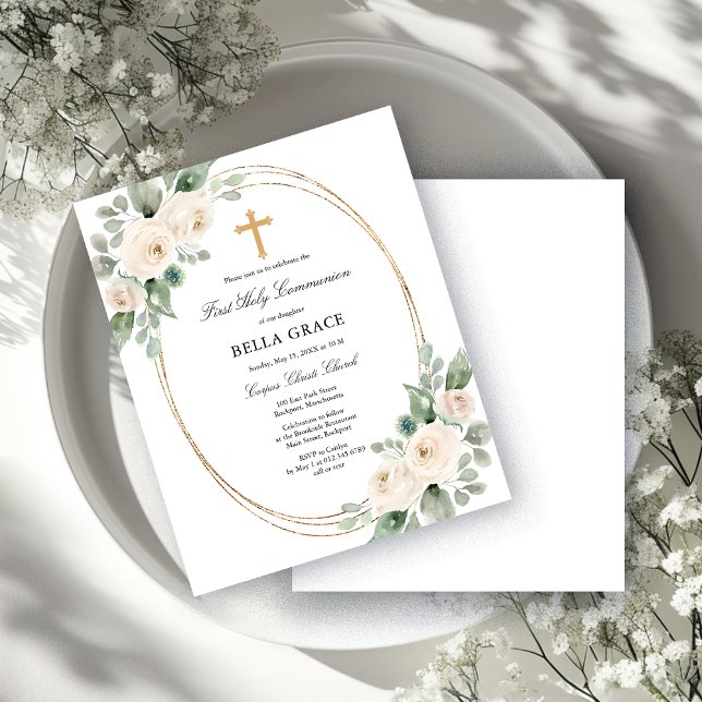 Budget White Floral First Communion Invitation (Créateur téléchargé)