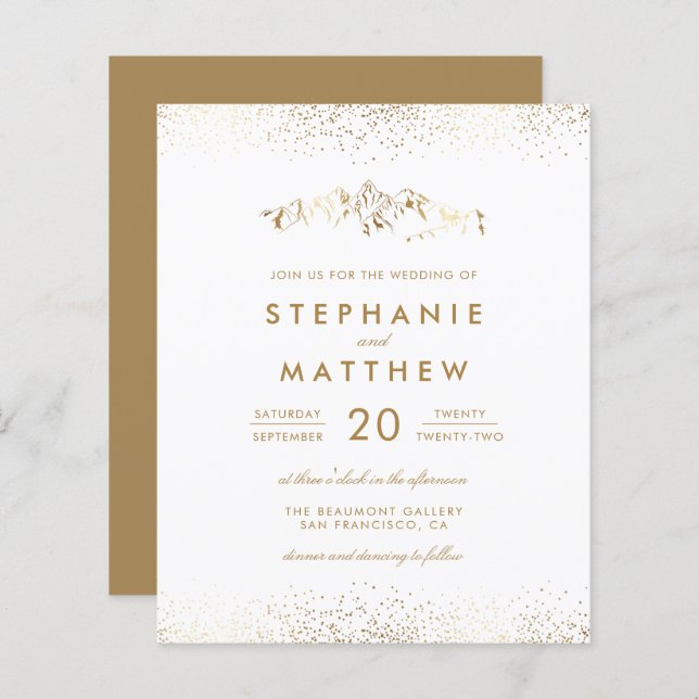 Budget White & Gold Foil Confetti Mountain Mariage (Devant / Derrière)