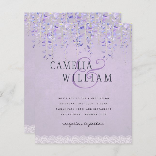 BUDGET Wisteria Purple Floral Lace Mariage INVITE (Devant / Derrière)