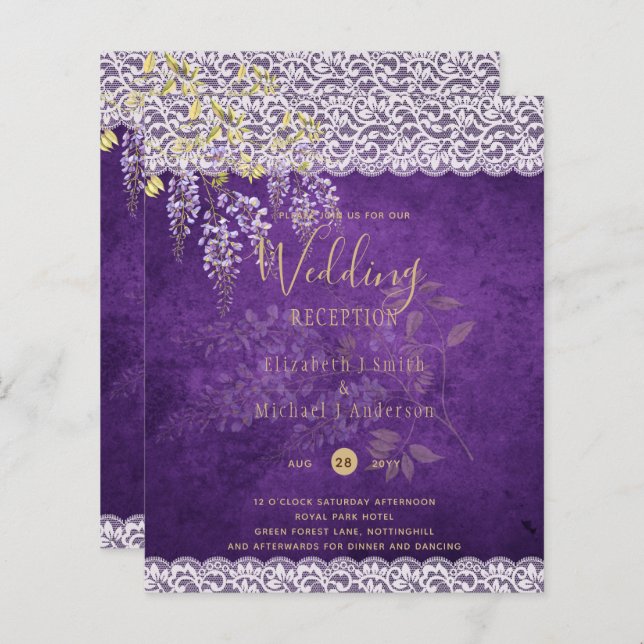 BUDGET Wisteria Purple Floral Lace Mariage INVITE (Devant / Derrière)