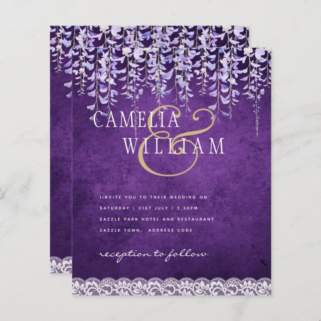 BUDGET Wisteria Purple Floral Lace Mariage INVITE (Devant / Derrière)