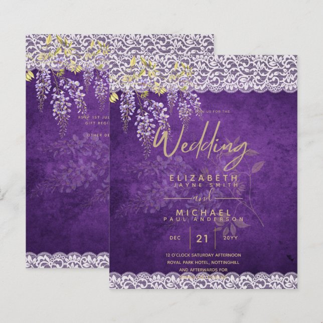 BUDGET Wisteria Purple Floral Lace Mariage INVITE (Devant / Derrière)