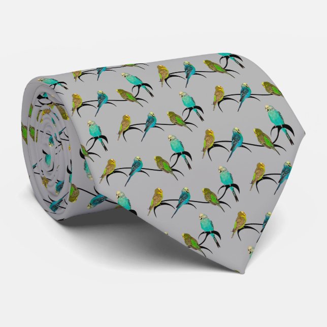 Budgie Frenzy Cravate Double face Print (Gris) (Roulé)