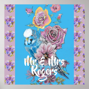 Budgie Watercolor floral lilac Newlywed Poster