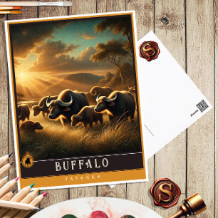Buffalo   Carte postale Famille Vintage Animal
