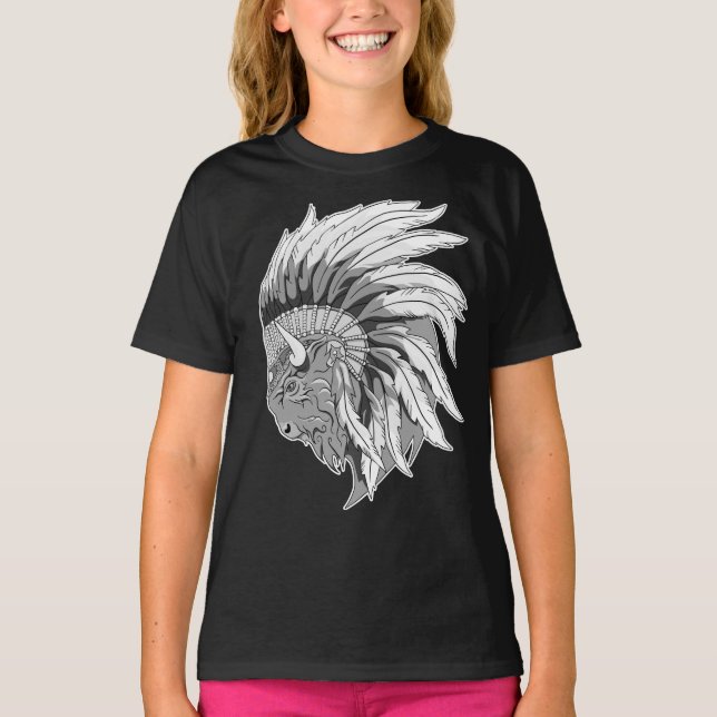 Buffalo Head avec coiffure indienne T-Shirt pour e (Devant)