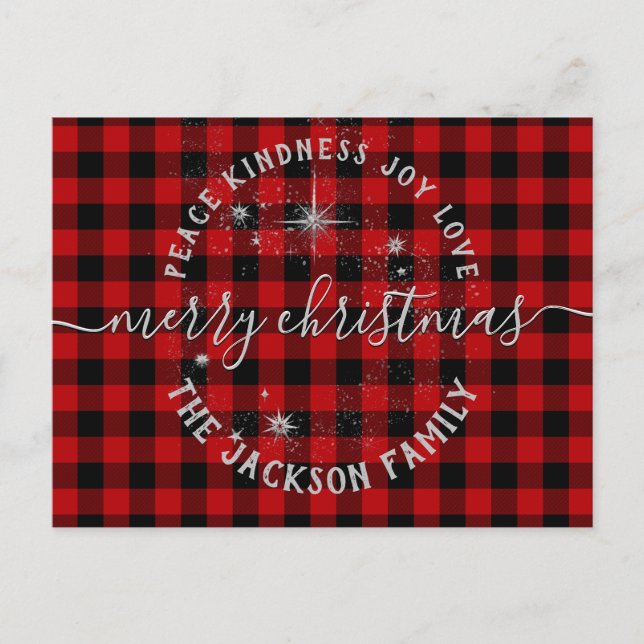Buffalo Plaid Argent Script Joyeuse carte de Noël (Devant)