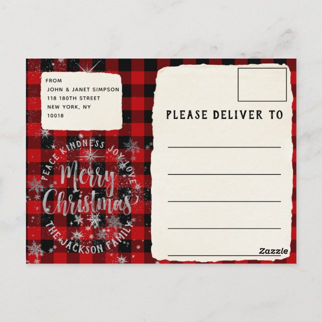 Buffalo Plaid Argent Script Joyeuse carte de Noël (Dos)