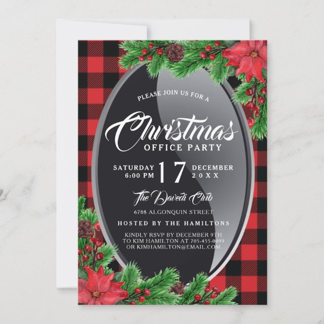 Buffalo plaid avec Poinsettia Party Invitation (Devant)