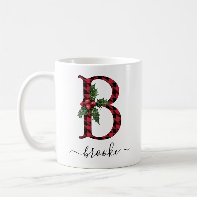 Buffalo Plaid B Monogram Christmas Coffee Mug (Gauche)