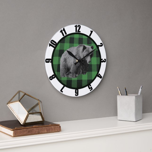 Buffalo Plaid Bear Man Caves Grosse Horloge (Bureau)