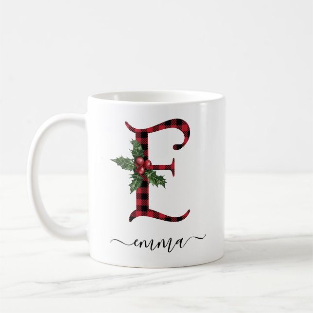 Buffalo Plaid E Monogram Christmas Coffee Mug (Gauche)