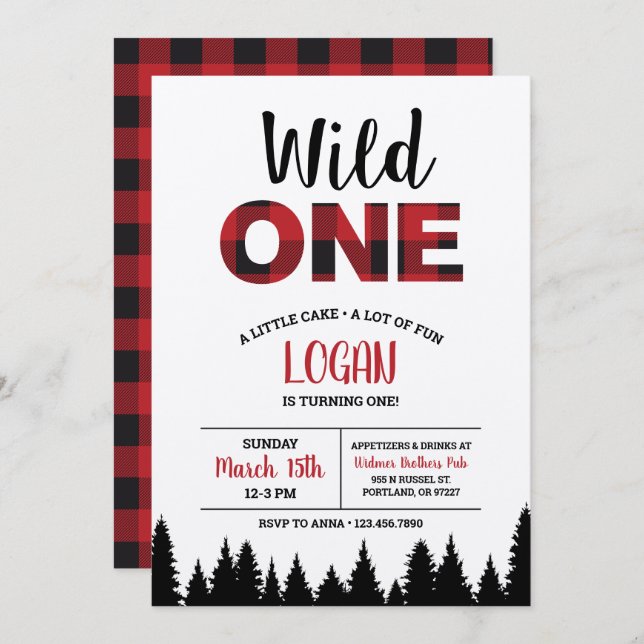 Buffalo Plaid First Birthday Invitation - Wild One (Devant / Derrière)