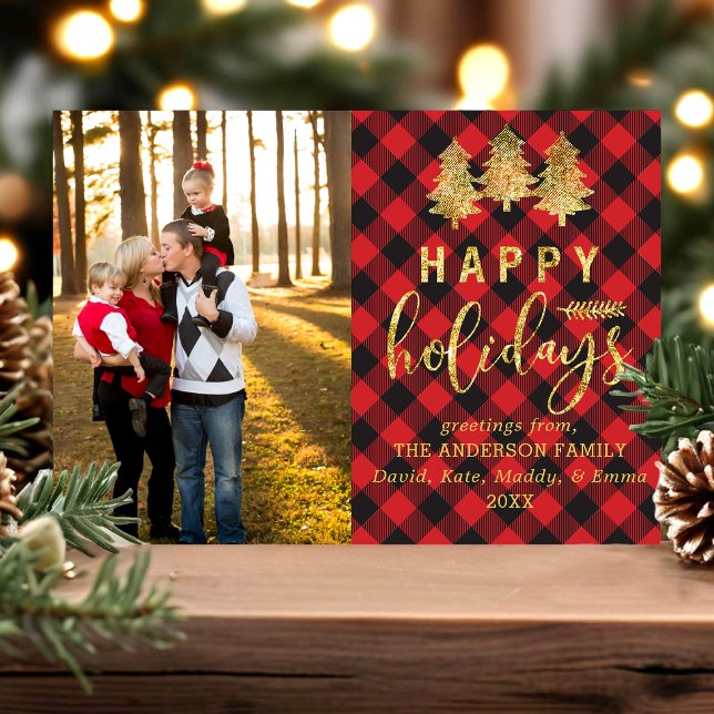 Buffalo Plaid Gold Happy Holidays Carte photo (Créateur téléchargé)