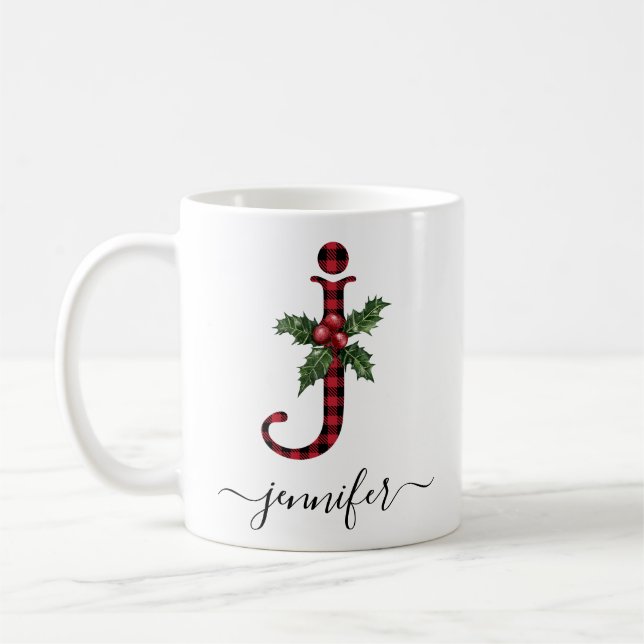 Buffalo Plaid J Monogram Christmas Coffee Mug (Gauche)