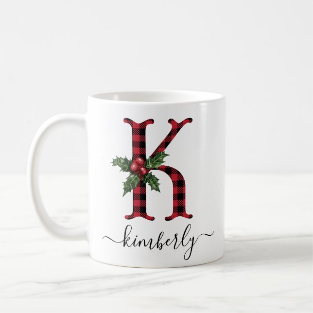Buffalo Plaid K Monogram Christmas Coffee Mug (Gauche)