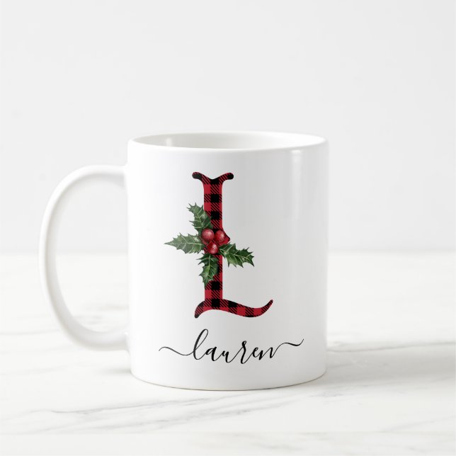 Buffalo Plaid L Monogram Christmas Coffee Mug (Gauche)