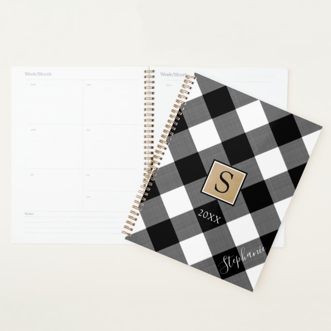 Buffalo Plaid Monogramme Nom du script Noir Blanc (Devant avec enveloppe)
