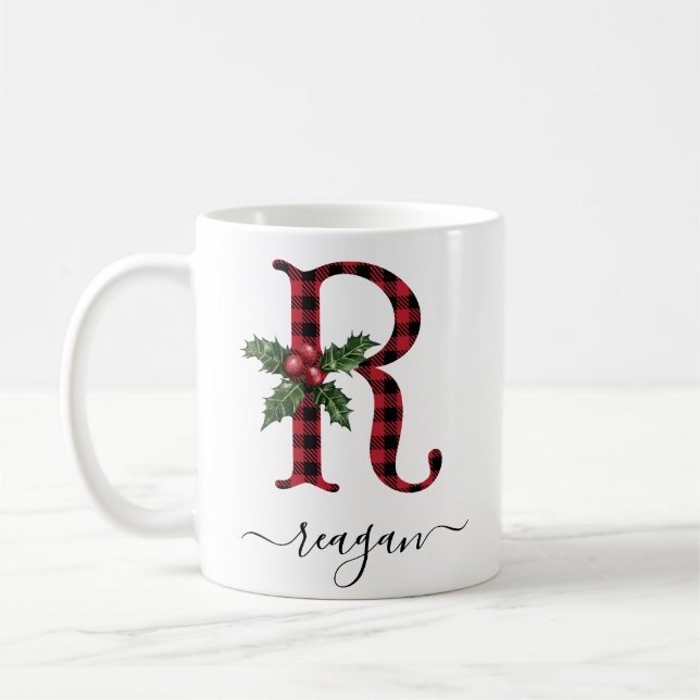 Buffalo Plaid R Monogram Christmas Coffee Mug (Gauche)