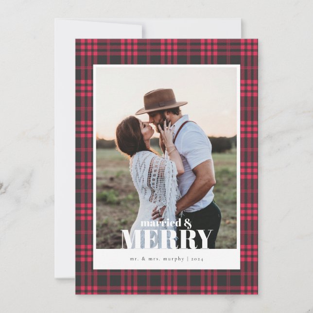 Buffalo Plaid Red Marié & Joyeuse carte de Noël (Devant)