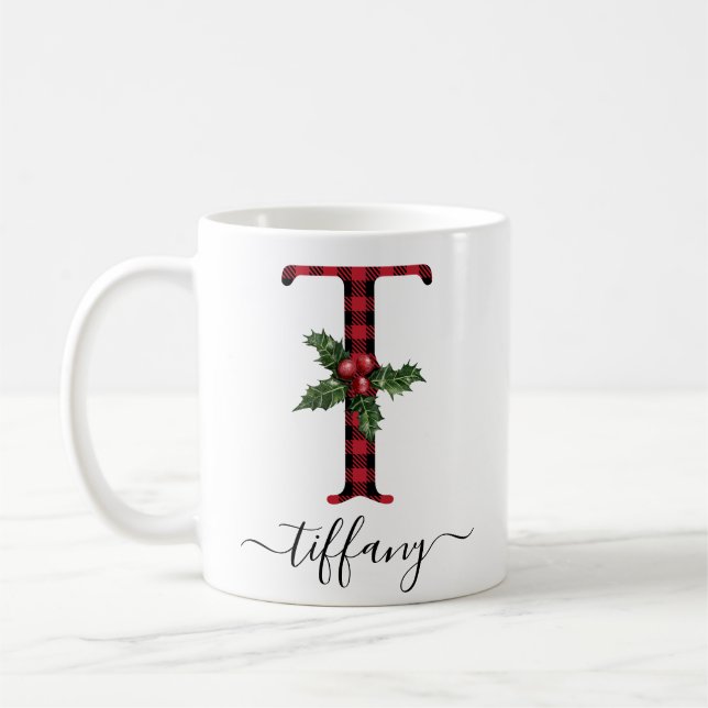 Buffalo Plaid T Monogram Christmas Coffee Mug (Gauche)