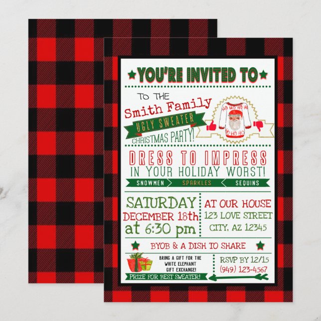 Buffalo Plaid Ugly Sweater Invitation de la fête d (Devant / Derrière)