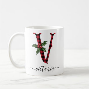 Buffalo Plaid V Monogram Christmas Coffee Mug